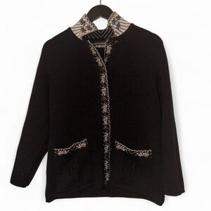 RARE Vintage Mexican Emicar Black & White Embroidered Floral Cardigan Sweater